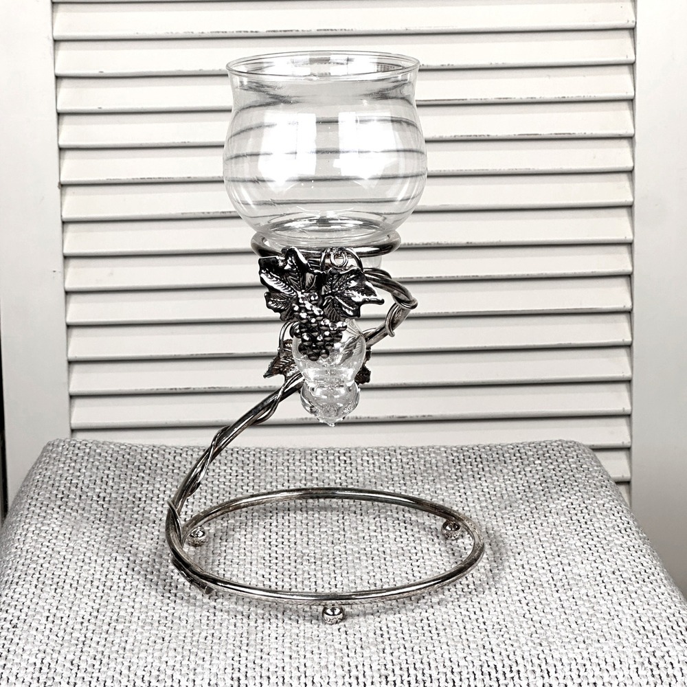 Vintage Silea Silver Plated Floating Candle Holder Glass Grape Vine Centerpiece